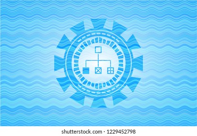 flowchart icon inside sky blue water wave style badge.
