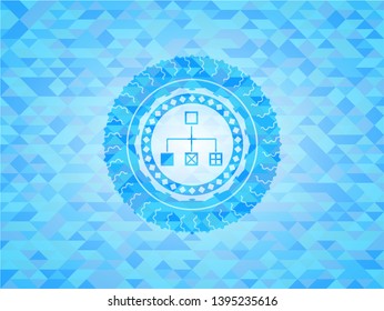 flowchart icon inside sky blue emblem with mosaic background