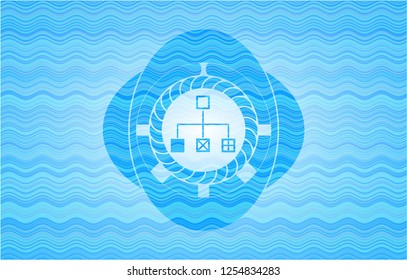 flowchart icon inside water emblem.