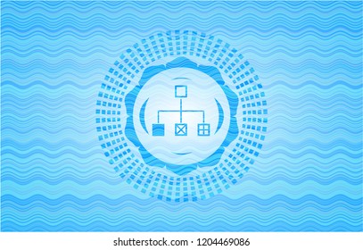 flowchart icon inside water wave concept badge.