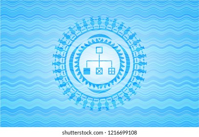 flowchart icon inside water wave representation badge background.