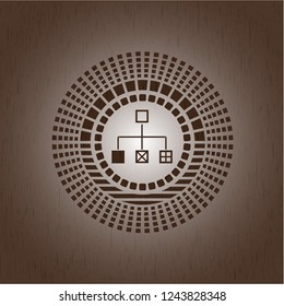 flowchart icon inside wooden emblem. Retro