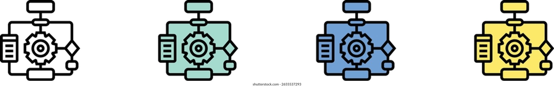 Flussdiagrammsymbol. Kontur, Design im grünen, blauen und gelben Stil einzeln auf weißem Hintergrund