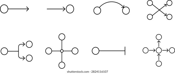 Flowchart icon set with black line circles and arrows for process mapping and workflow diagrams