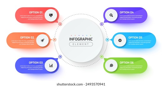 Flowchart Infographic with 6 Circle Label Connected to Main Circle, Suitable for Workflow, Presentation, Diagram, Chart