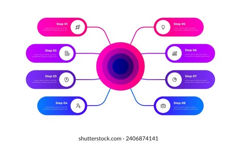 Flowchart infographic business template with 8 steps, options or processes. Central circle with eight rounded elements