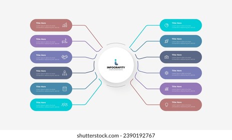 Plantilla de negocio de infografía de diagrama de flujo. Círculo central con 12 elementos redondeados. Diagrama de vectores con doce opciones