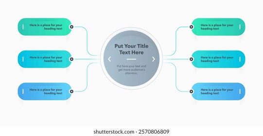 Flowchart infographic with central circle and six colorful options. SImple flat chart design with thin lines for website or data presentation.