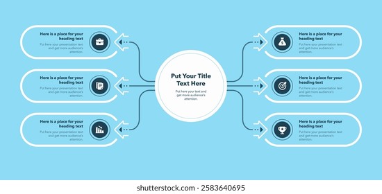 Flowchart infographic with central circle and six options - blue version. SImple flat chart design with thin lines for website or data presentation.