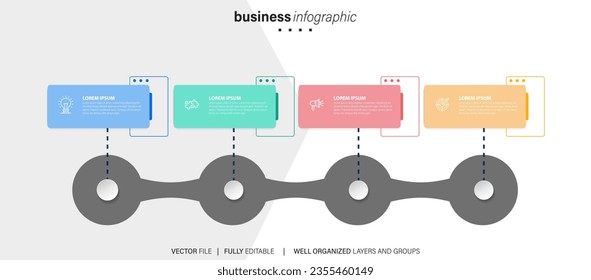 Infografía de diagrama de flujo en estilo neumórfico. Concepto de negocio con 4 opciones, partes, pasos o procesos.
