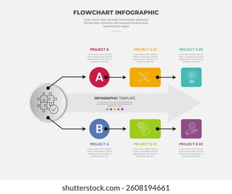 flowchart infographic outline style with 2 main point template with big circle and arrow up and down for slide presentation vector