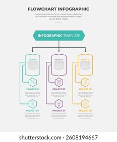 flowchart infographic outline style with 3 point template with top to down direction with arrow line pointer for slide presentation vector