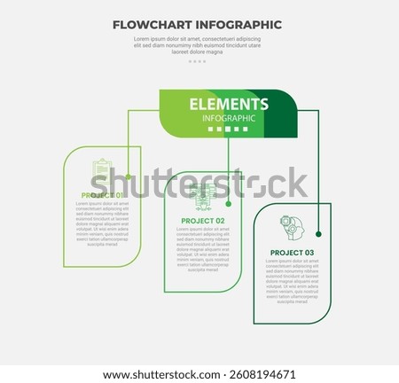 flowchart infographic outline style with 3 point template with box container like leaf shape for slide presentation vector