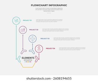 flowchart infographic outline style with 4 point template with big outline circle with arrow from bottom to top for slide presentation vector