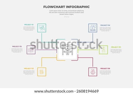 flowchart infographic outline style with 6 point template with square box with symmetric balance spreading position for slide presentation vector