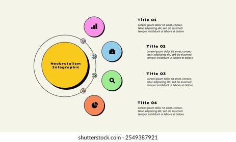 Presentación de infografía de diagrama de flujo con 4 pasos u opciones. Visualización del proceso de desarrollo del neobrutalismo. Análisis de datos de negocio y2k diseño de moda