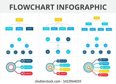 Flowchart infographic set. Illustration for data visualization with 3, 4, 5, 6, 7 and 8 processes. Structure template.