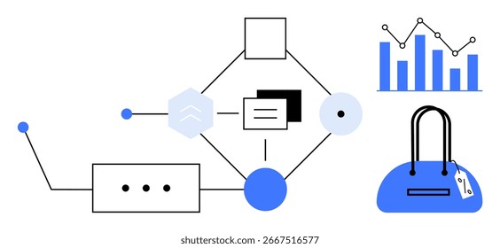 Fluxograma com formas interconectadas, gráfico de barras e bolsa. Ideal para processos de negócios, gerenciamento de dados, comércio eletrônico, planejamento de projetos, análise financeira, fluxos de trabalho de tecnologia visual