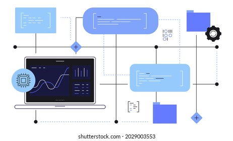 Flowchart. Laptop. Programming. Software and hardware. Modern illustration. Infographic element. Vector file.