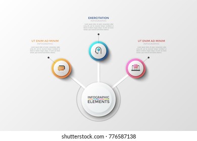 Flowchart with large white round element connected with 3 multicolored circles, thin line symbols and text boxes. Concept of three features of business process. Creative vector illustration.