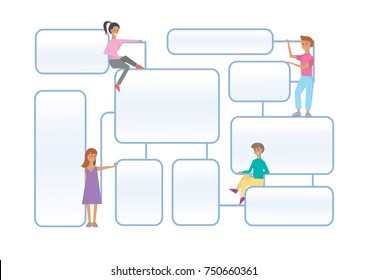 Flowchart latout with human characters on white background. Connected info-boxes for presentation. Infographics flat vector design template.