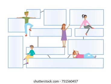 Flowchart latout with human characters on white background. Connected info-boxes for presentation. Infographics flat vector design template.