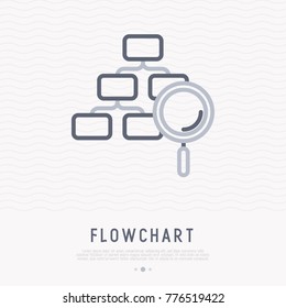 Flowchart with magnifier thin line icon. Modern vector illustration of business analytics.