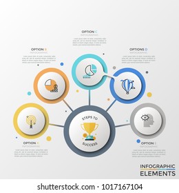 Flowchart with main round element connected to 5 circles with linear icons inside, text boxes. Concept of five steps to success. Creative infographic design template. Colorful vector illustration.