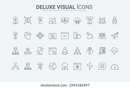 Modelo y algoritmo de diagrama de flujo, ventana del navegador y Configuraciones del App móvil, pruebas en la nube de símbolos de contorno finos negros y rojos, Ilustración vectorial. Conjunto de iconos de línea de arquitectura y sistema de datos de red.