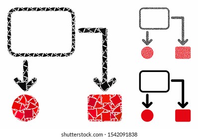 Flowchart scheme mosaic of unequal pieces in various sizes and color tinges, based on flowchart scheme icon. Vector unequal dots are united into collage.
