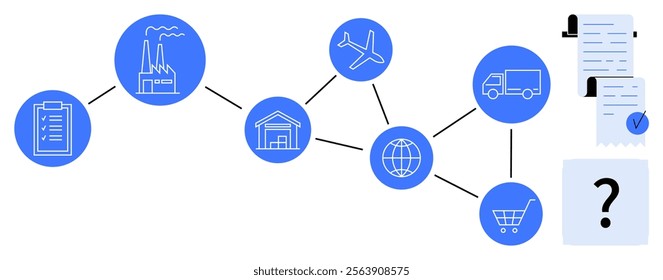 Flowchart showing supply chain process with icons of a clipboard, factory, warehouse, airplane, globe, truck, document, and a shopping cart. Ideal for logistics, manufacturing, supply chain