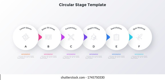 Ablaufdiagramm mit sechs überlagerten weißen Papierelementen mit Zeigern in horizontaler Reihe. Konzept von 6 Stufen der Geschäftsstrategie. Einfache infografische Designvorlage. Moderne Vektorgrafik.