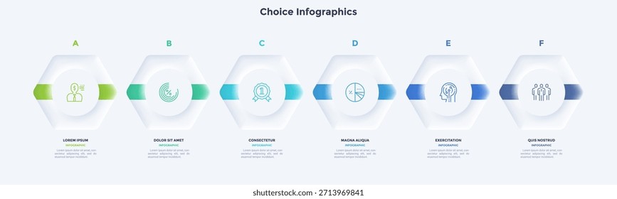 Diagrama de flujo con seis polígonos blancos de papel colocados en fila Horizontal y conectados por flechas. Concepto de 6 pasos de desarrollo del proyecto. Plantilla de diseño infográfico simple. Ilustración vectorial neumórfica.