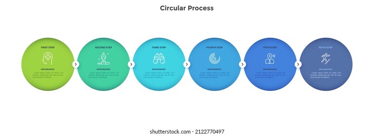 Diagrama de flujo con seis elementos redondos colocados en fila horizontal y conectados por punteros. Concepto de 6 etapas sucesivas del proceso de flujo de trabajo. Ilustración vectorial de infografía plana moderna para presentación.