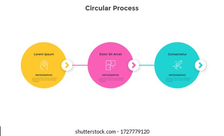 Flowchart with three colorful circular elements placed in horizontal row and connected. Concept of 3 stages to startup company launch. Simple infographic design template. Modern vector illustration.
