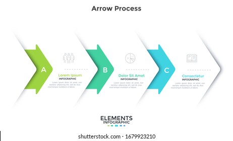 Flowchart with three overlaying paper white arrows placed in horizontal row. Concept of 3 steps of business project development process. Simple infographic design template. Flat vector illustration.