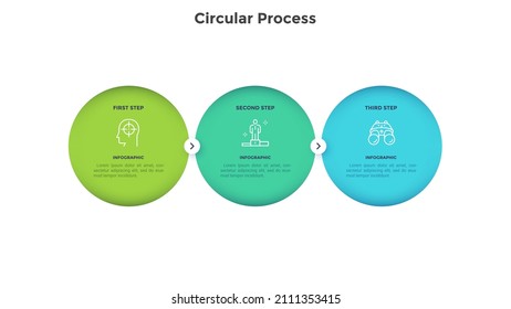 Flowchart with three round elements placed in horizontal row and connected by pointers. Concept of 3 successive steps of workflow process. Modern flat infographic vector illustration for presentation.