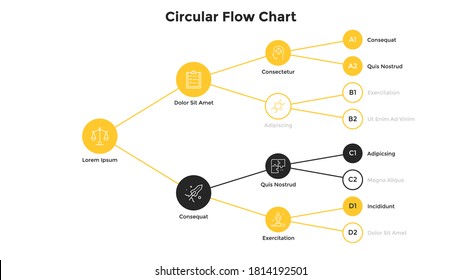 Flowchart or tree diagram with circles connected by lines. Concept of hierarchy or system visualization. Modern infographic design template. Simple flat vector illustration for business presentation.