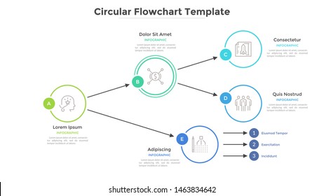 Flowchart or tree diagram with round elements connected by arrows. Concept of business plan, scheme. Simple infographic design template. Vector illustration for schematic visualization of information.