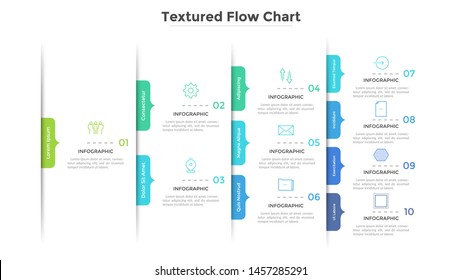 Flowchart, tree diagram or workflow chart with arrow-like elements. Concept of stages of business project. Modern infographic design template. Flat vector illustration for presentation, report.