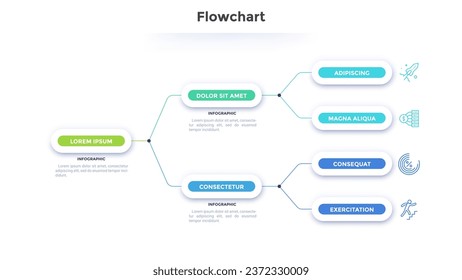 Flowchart, tree diagram or workflow chart with circular elements. Concept of stages of business project. Modern infographic design template. Flat vector illustration for presentation, report.