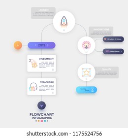 Flowchart with various paper white elements connected by lines, linear symbols and place for text. Schematic process visualization. Infographic design template. Vector illustration for presentation.