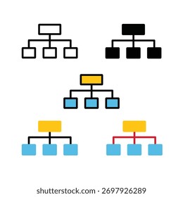 Flowchart vector icon set featuring multiple styles including line, flat, and colorful line-flat designs. Represents business process, workflow, and organizational structure concepts. 