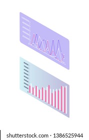 Flowcharts and infographics on screens vector. Isolated isometric 3d icons, statistics on business project on monitor, table with schemes and info