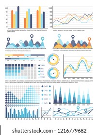 Flowcharts with information in visual form, data representation vector. Pie diagram and percentage, statistics visualization, graphics and schemes