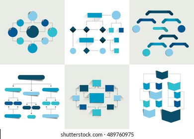 Flowcharts. Set of 6 flow charts schemes, diagrams. Simply color editable. Infographics elements.