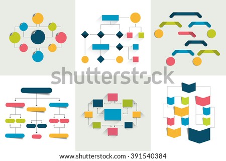 Flowcharts. Set of 6 flow charts schemes, diagrams. Simply color editable. Infographics elements.