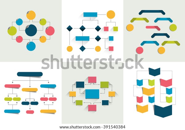 Flowcharts. Set of 6 flow charts\
schemes, diagrams. Simply color editable. Infographics\
elements.