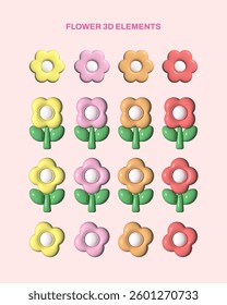 Flower 3d elements set. decoration vector.
