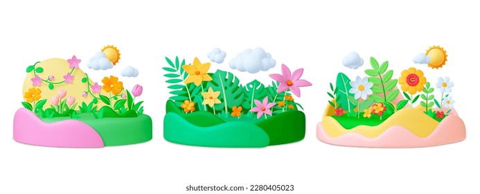 Flower 3d on podium. Flowers bouquets or meadow render composition. Landscape realistic plasticine elements, floral and leaves pithy vector set